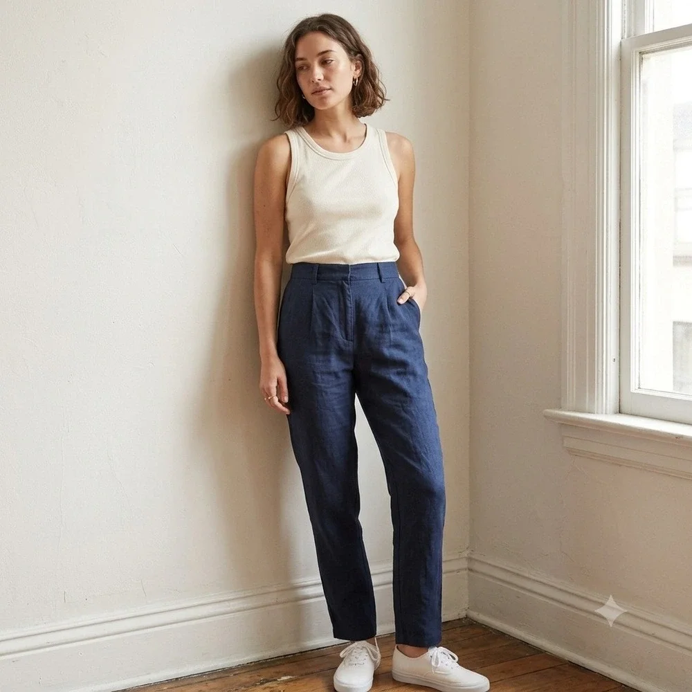 Zara Womens Pants Large Navy Blue 100% Linen Straight Leg High Rise Seam Detail